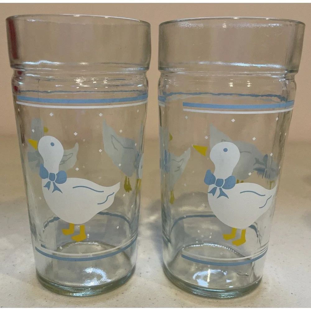 Vtg Set 4 Geese Goose Duck Glasses Cups Blue Ribbon Bow Libbey Anchor Hocking